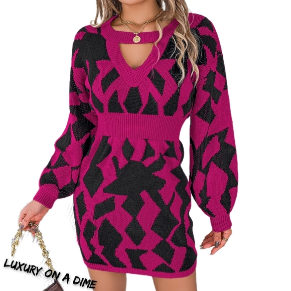 Geometric Contrasting Knit Cut-out Round Neck Long Sleeve Mini Sweater Dress - Picture 1 of 9